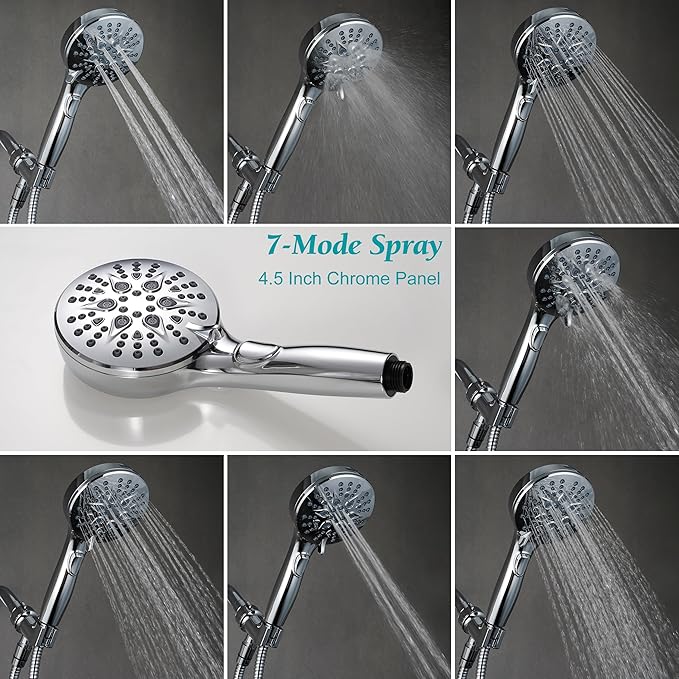 Handheld Shower Head with on off Switch&Built-in Power Spray,7-Setting High Pressure Spray Shower Wand with 79in Long Hose&Bracket and Extra Adhesive Shower Holder for Lower Mount,Chrome