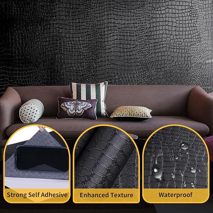 Black Peel and Stick Wallpaper, 15.7'' X 118'' Crocodile Wallpaper Embossed Easy off Self Adhesive Removable Contact Paper Textured for Cabinet Bedroom with Knife Tape Measure (Cismmy 0001)