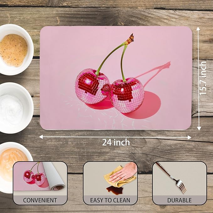Pink Cherry Disco Ball Dish Drying Mat, Preppy Glam Cherries Coffee Bar Mat for Countertops, Pink Y2K Disco Absorbent Dish Drying Mats for Kitchen Counter Coffee Maker, 16x24 Inch