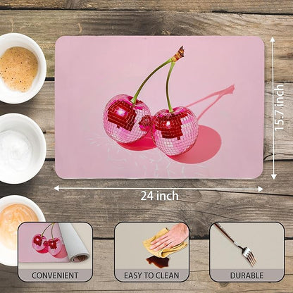 Pink Cherry Disco Ball Dish Drying Mat, Preppy Glam Cherries Coffee Bar Mat for Countertops, Pink Y2K Disco Absorbent Dish Drying Mats for Kitchen Counter Coffee Maker, 16x24 Inch