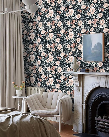 Heroad Brand Retro Floral Peel and Stick Wallpaper Dark Blue Floral Contact Paper for Cabinets Waterproof Navy Blue Wallpaper Removable Self Adhesive Drawer Liner Decoration Wall Paper 16.1"x78.7"