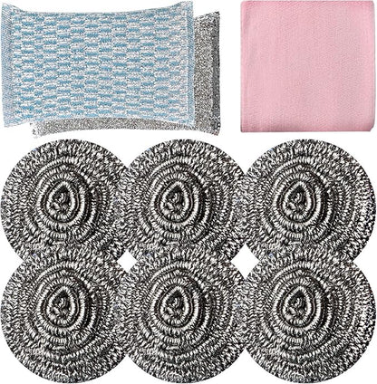 6pcs Stainless Steel Scrubber 2pcs Heavy Duty Scrub Sponges 1pcs Dish Clean Towel for Kitchens Bathroom and More