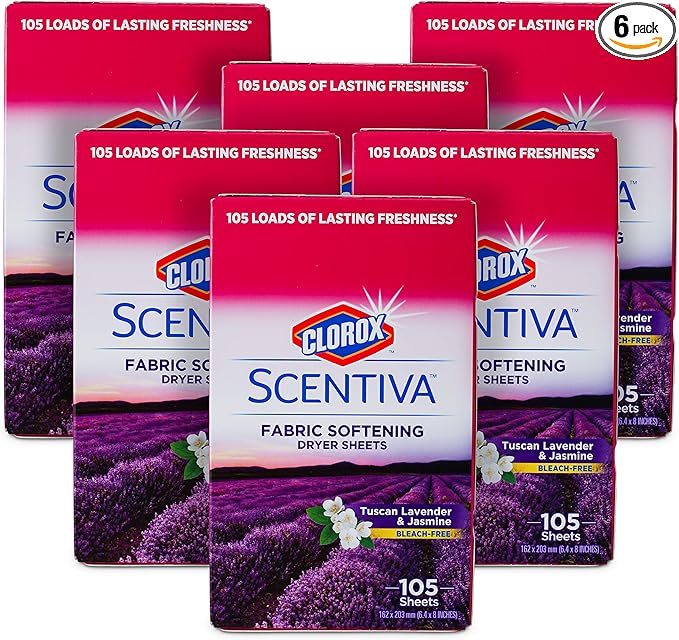 Clorox Scentiva Fabric Softening Dryer Sheets Fabric Sheets in Tuscan Lavender & Jasmine Scent Laundry Dryer Sheets for Fresh & Clean Clothes (Pack of 6, 630 Count Total)