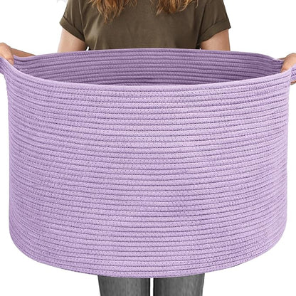 115L Extra Large Purple Storage Basket, 23.6" X 15.7" Jumbo Woven Cotton Rope Bin for Throw Blankets Pillows, Baby Laundry Basket, Dirty Clothes Organizer, Big Storage Box for Toys, Towels