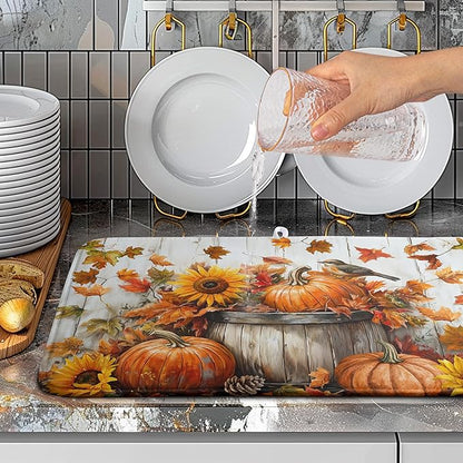 Fall Dish Drying Mat for Kitchen Counter Pumpkin Sunflower Maple Leaf Birds Drying Mats Autumn Thanksgiving Harvest Dish Drainer Mat Absorbent Microfiber Dishes Pad Large 18x24 Inch
