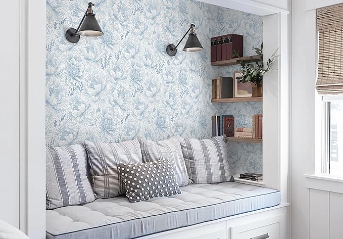 Guvana Peel and Stick Wallpaper Blue Floral Contact Paper Boho Wallpaper Modern Large Blue Flower Wall Paper for Bathroom Bedroom Living Room Accent Wall Removable Waterproof Vinyl Rolls 17.3in×197in
