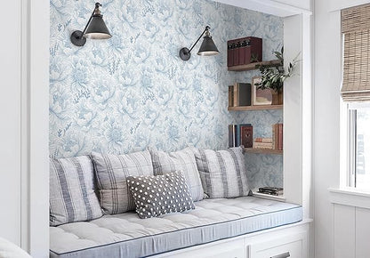 Guvana Peel and Stick Wallpaper Blue Floral Contact Paper Boho Wallpaper Modern Large Blue Flower Wall Paper for Bathroom Bedroom Living Room Accent Wall Removable Waterproof Vinyl Rolls 17.3in×197in