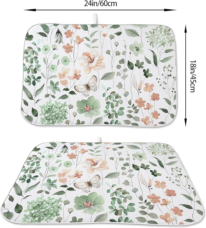 Spring Floral Drying Mat 18x24 Inches For Kitchen Counter Absorbent Summer Watercolor Green Flower Leaf Kitchen Drying Mat Pad For Home Kitchen,Dining Room,Office Decoration