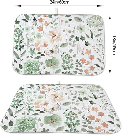 Spring Floral Drying Mat 18x24 Inches For Kitchen Counter Absorbent Summer Watercolor Green Flower Leaf Kitchen Drying Mat Pad For Home Kitchen,Dining Room,Office Decoration