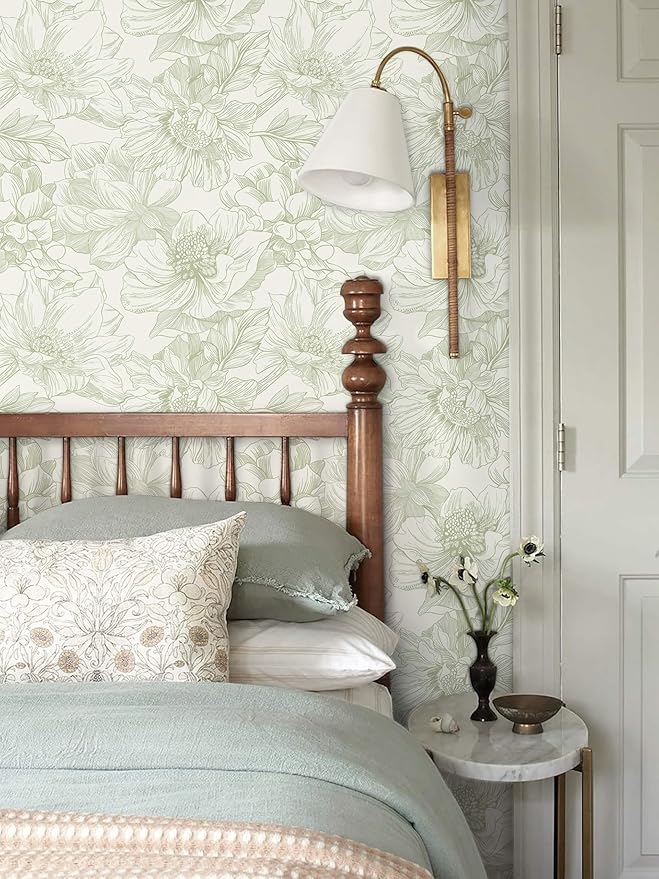 Ismoon Vintage Floral Wallpaper Peel and Stick Beige and Green Contact Paper 17.3inx16.3ft Removable Self Adhesive Wall Paper for Bathroom Bedroom Cabinet Mural Wall Decor Vinyl Renter Friendly