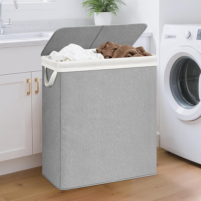 STORAGE MANIAC Double Laundry Hamper with Lid, 140L Tall Metal Frame Laundry Baskets with Removeable Bag, Large Clothes Hamper with PU Tag, Laundry Bin for Dorm, Collage, Bathroom, Bedroom, Gray