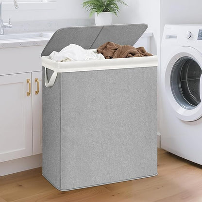 STORAGE MANIAC Double Laundry Hamper with Lid, 140L Tall Metal Frame Laundry Baskets with Removeable Bag, Large Clothes Hamper with PU Tag, Laundry Bin for Dorm, Collage, Bathroom, Bedroom, Gray