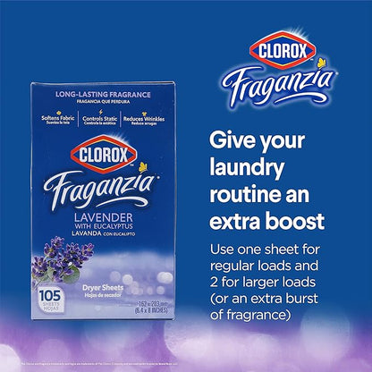 Clorox Fraganzia Fabric Softener Dryer Sheets, Wrinkle Reducing and Anti Static Laundry Dryer Sheets for Great Smelling Clothes, Softens Fabrics, Lavender with Eucalyptus Scent, 105 Count - 6 Pack