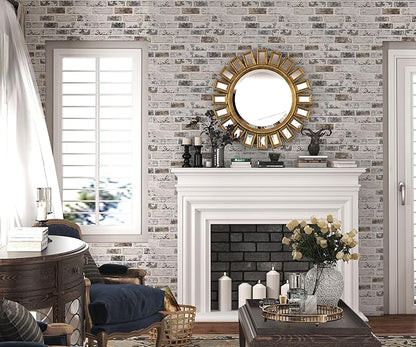 Brick Wallpaper Peel and Stick Wallpaper 17.3"x787" Grey and White 3D Brick Wallpaper Self Adhesive Vintage Wallpaper Removable Textured Contact Paper for Fireplace Kitchen Home Decoration Vinyl