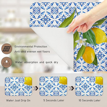 Blue and White Floral Lemon Dish Drying Mat, Mediterranean Tiles Coffee Bar Mat for Countertops, Lemons Absorbent Dish Drying Mats for Kitchen Counter Coffee Maker, 16x24 Inch