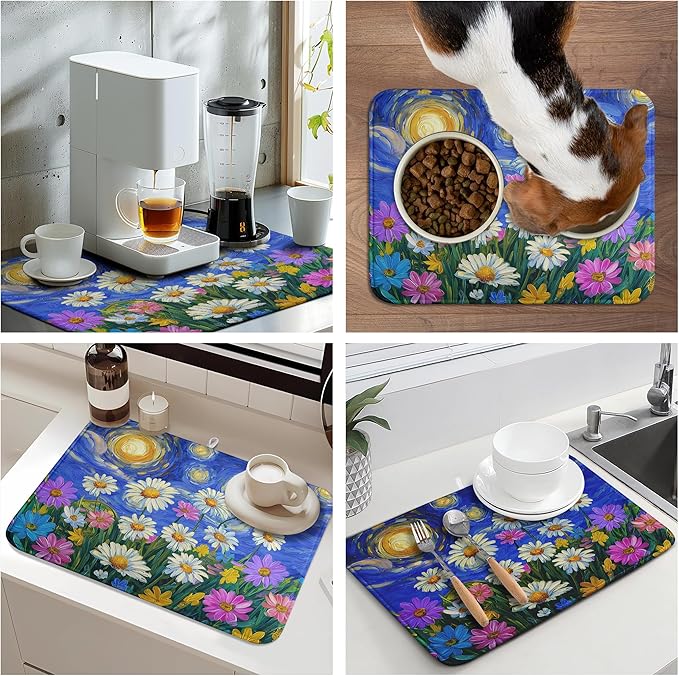 Spring Summer Daisy Floral Dish Drying Mats Spring Flowers Dish Mat Drying Matt Starry Sky Dishes Dryer Pad for Kitchen Counter Absorbent Microfiber Washable Foldable Reusable 18x24 in