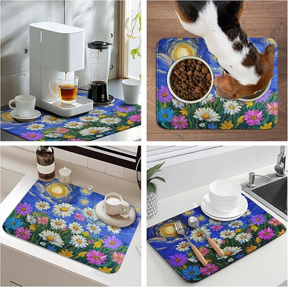Spring Summer Daisy Floral Dish Drying Mats Spring Flowers Dish Mat Drying Matt Starry Sky Dishes Dryer Pad for Kitchen Counter Absorbent Microfiber Washable Foldable Reusable 18x24 in