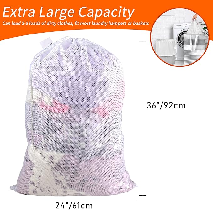 Polecasa 24 x 36 inches Extra Heavy Duty Large Mesh Laundry Bags with Drawstring Closure & ID Tag, Storage Bag for College, Travel, Sports, Dorms, White