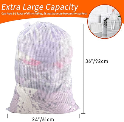 Polecasa 24 x 36 inches Extra Heavy Duty Large Mesh Laundry Bags with Drawstring Closure & ID Tag, Storage Bag for College, Travel, Sports, Dorms, White