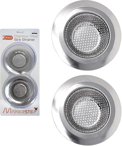 Makerstep 2 Pack of Stainless Steel Sink Drain Strainer Baskets 4.5 Inch Diameter. Kitchen Stopper. for Dishes, Garbage Disposal, Large Wide Rim Prevents Clogged Drains Catcher. Fine Mesh.