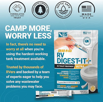 Unique RV Digest-It Ultra Stick Pack, 15 Count, Extra-Strength RV Toilet Treatment, No-Mess, Pre-measured, Grab-N-Go Bio-Enzymatic Black Tank Treatment, Eliminates Smells and Prevents Clogs