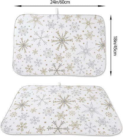 Christmas Drying Mat 18x24 Inches For Kitchen Counter Winter Gold Gray Snowflake Home Decoration Drying Mat Decorative Pad for Kitchen Dining Room Christmas Decoration,Office Decor