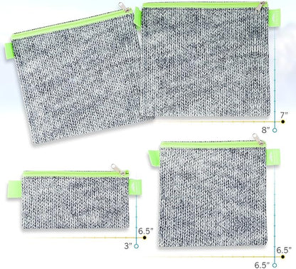 Nordic By Nature 4 Pack - Reusable Sandwich Bags Dishwasher Safe BPA Free - Durable Washable Quick Dry Cloth Baggies -Reusable Snack Bags School Lunches - Easy Open Zipper (Grey/Neon Green)