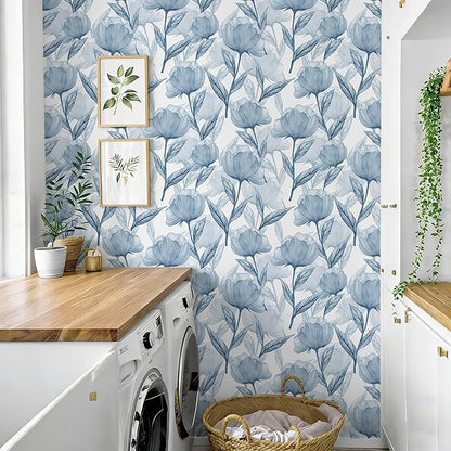 Heroad Boho Peel and Stick Wallpaper Blue Large Floral Contact Paper Modern Wall Paper Cabinets Waterproof Removable Self Adhesive Wallpaper for Bathroom Vinyl Roll 17.3"x196"