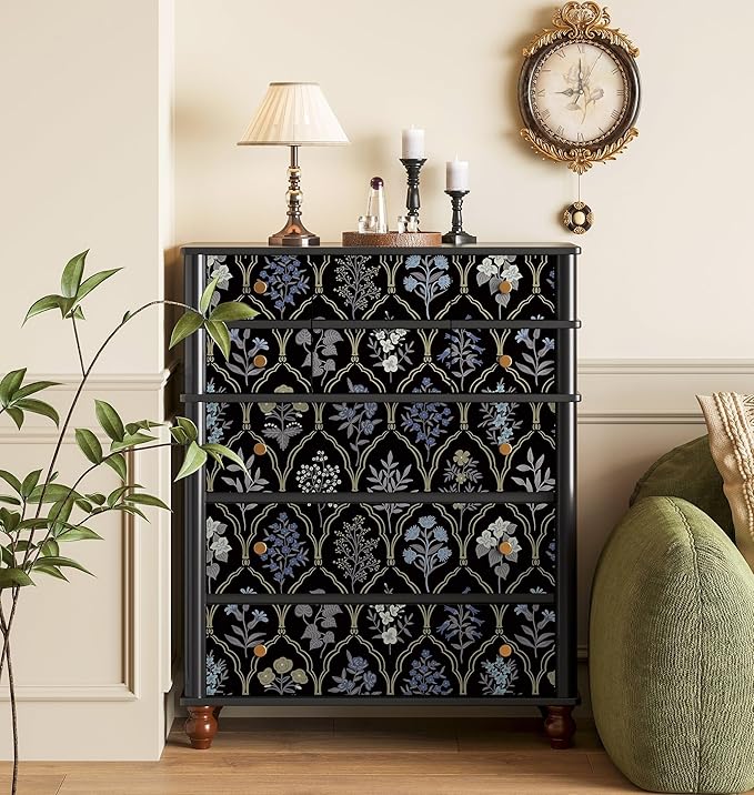 Dimoon 78.7"x17.3" Peel and Stick Wallpaper Contact Paper Floral Vintage Black Wallpaper Modern Removable Wall Paper Self Adhesive Boho Contactpaper for Cabinets Drawers Blue Bedroom Thicken Vinyl