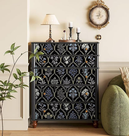 Dimoon 78.7"x17.3" Peel and Stick Wallpaper Contact Paper Floral Vintage Black Wallpaper Modern Removable Wall Paper Self Adhesive Boho Contactpaper for Cabinets Drawers Blue Bedroom Thicken Vinyl