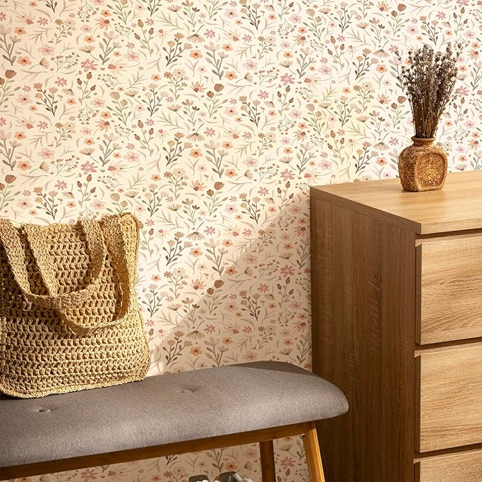 Kazova Boho Wildflower Wallpaper Peel and Stick Floral Contact Paper Waterproof Self Adhesive Vinyl for Bedroom Wall Decor Drawers Cabinet Shelf Liner（4 Sheets）