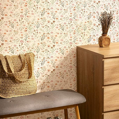 Kazova Boho Wildflower Wallpaper Peel and Stick Floral Contact Paper Waterproof Self Adhesive Vinyl for Bedroom Wall Decor Drawers Cabinet Shelf Liner（4 Sheets）