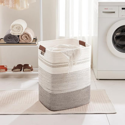 85L Tall Laundry Hamper with Handles for Living Room Storage, Extra Large Woven Rope Baskets Bin for Blanket, Kids Toy, Gifts, Wicker Hamper for Bedroom Dirty Clothes, 17"x14"x22" Dark Brown