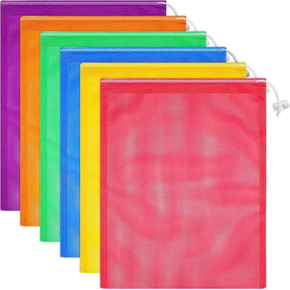 Frienda 6 Pieces Mesh Stuff Sack, 11 x 15 Inch Durable Nylon Drawstring Laundry Bag for Rinsing Beach Toys, Seashell Collecting, Mesh Bags for Travel(Rainbow Color)