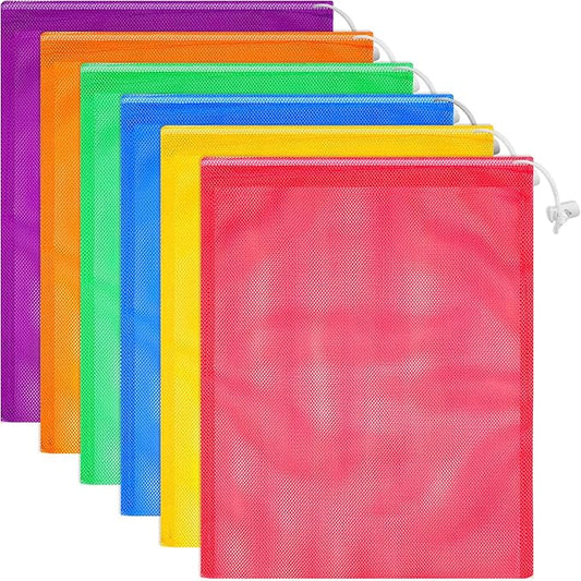 Frienda 6 Pieces Mesh Stuff Sack, 11 x 15 Inch Durable Nylon Drawstring Laundry Bag for Rinsing Beach Toys, Seashell Collecting, Mesh Bags for Travel(Rainbow Color)
