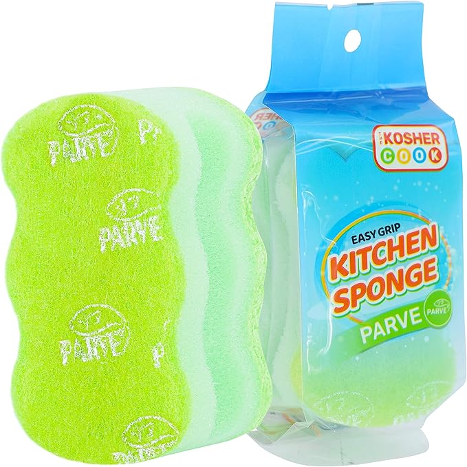 The Kosher Cook Parve Green Dishwashing Sponges, Easy Grip Wavy Absorbent Cleaning Scrub and Scouring Pad, Durable and Soft, Color Coded Home and Kitchen Accessories