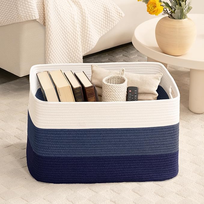 45L Small Laundry Basket with Leather Handles for Living Room Storage, Woven Rope Baskets Bin for Blanket, Kids Toy, Gifts, Wicker Hamper for Bedroom Dirty Clothes, 18"x14"x11" Gradient Blue