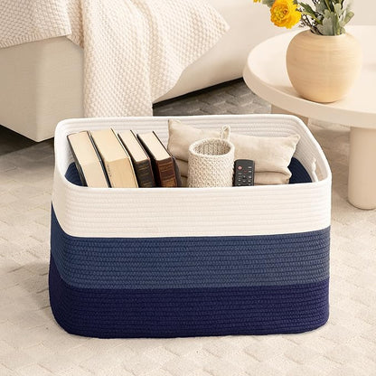 45L Small Laundry Basket with Leather Handles for Living Room Storage, Woven Rope Baskets Bin for Blanket, Kids Toy, Gifts, Wicker Hamper for Bedroom Dirty Clothes, 18"x14"x11" Gradient Blue
