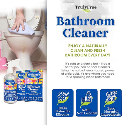 Truly Free All Natural Non-Toxic Bathroom Cleaner Spray, Organic Bath & Tile Cleaning Solution for Toilet, Sink, Tub & Shower, Refillable 2-Pack with 16oz Bottle + 2 Refill Pouches