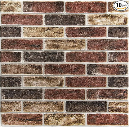 Art3d 10-Pack 52.5 Sq.Ft Faux Brick 3D Wall Panels Peel and Stick in Red Brown, Self Adhesive Waterproof Foam Wallpaper for Bedroom, Bathroom, Kitchen
