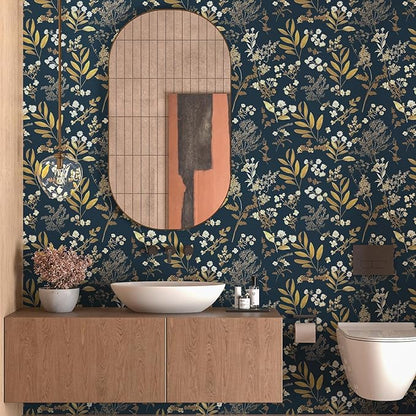 Dark Blue Leaf Wallpaper Peel and Stick Dark Blue Floral Wallpaper for Bedroom Vintage Leaf Contact Paper Waterproof Self Adhesive Boho Floral Wall Paper for Bedroom Walls Countertop 17.5in x 197in