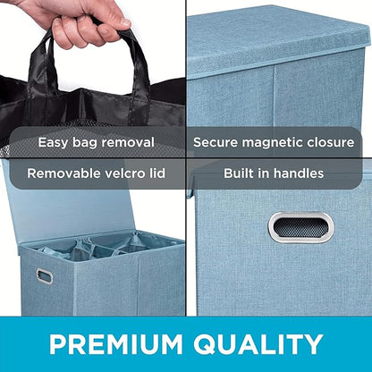 BIRDROCK HOME Laundry Hamper with Lid | Removable Bags for Sorting Clothes | Sectioned Laundry Basket for Bedroom & Bathroom | Collapsible Storage Bin with Cover | Double, Light Blue