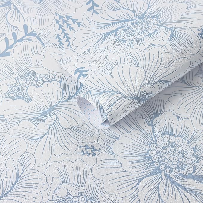 Guvana Peel and Stick Wallpaper Blue Floral Contact Paper Boho Wallpaper Modern Large Blue Flower Wall Paper for Bathroom Bedroom Living Room Accent Wall Removable Waterproof Vinyl Rolls 17.3in×78.7in