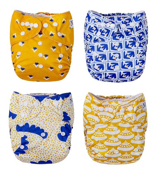 Nora's Nursery Cloth Pocket Diapers 4 Pack with 4 Inserts - Waterproof Cover, Washable, Reusable & One Size Adjustable Pocket Diapers for Newborns and Toddlers - Sicilian Summer