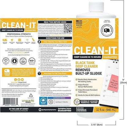 Unique Clean-It RV Black Tank Cleaner Liquid - Effectively Resets Dirty RV Black Tanks - Eliminates Odors and Waste (32 oz) Amazon Exclusive Packaging