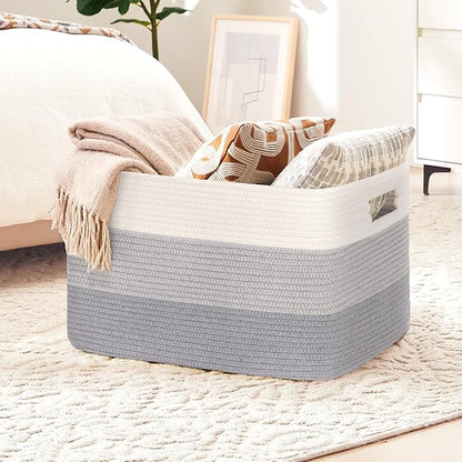 86L Extra Large Laundry Basket with Leather Handles for Living Room Storage, Woven Rope Baskets for Blanket, Kids Toy, Gifts, Wicker Hamper for Bedroom Dirty Clothes, 24"x16"x14" Gradient Grey