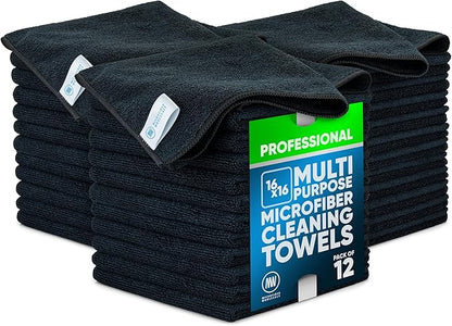 MW Pro Microfiber Cleaning Cloth | Black | 36 Pack | 16” x 16” | All Purpose Microfiber Towels - Clean, Dust, Polish, Scrub, Absorbent