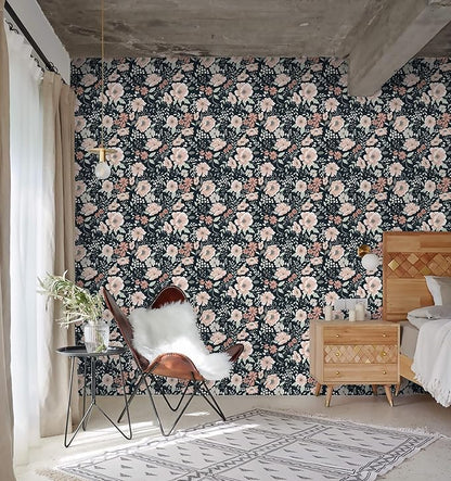 Heroad Brand Retro Floral Peel and Stick Wallpaper Dark Blue Floral Contact Paper for Cabinets Waterproof Navy Blue Wallpaper Removable Self Adhesive Drawer Liner Decoration Wall Paper 16.1"x78.7"