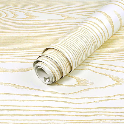 Yun-aeon Beige and Gold Wood Contact Paper 17.3"x400" Rustic Wooden Peel and Stick Wallpaper Removable Self-Adhesive Wallpaper Wood Grain Contact Paper for Countertops Cabinets