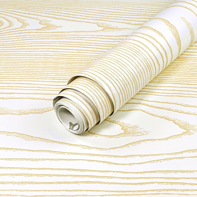 Yun-aeon Beige and Gold Wood Contact Paper 17.3"x120" Rustic Wooden Peel and Stick Wallpaper Removable Self-Adhesive Wallpaper Wood Grain Contact Paper for Countertops Cabinets
